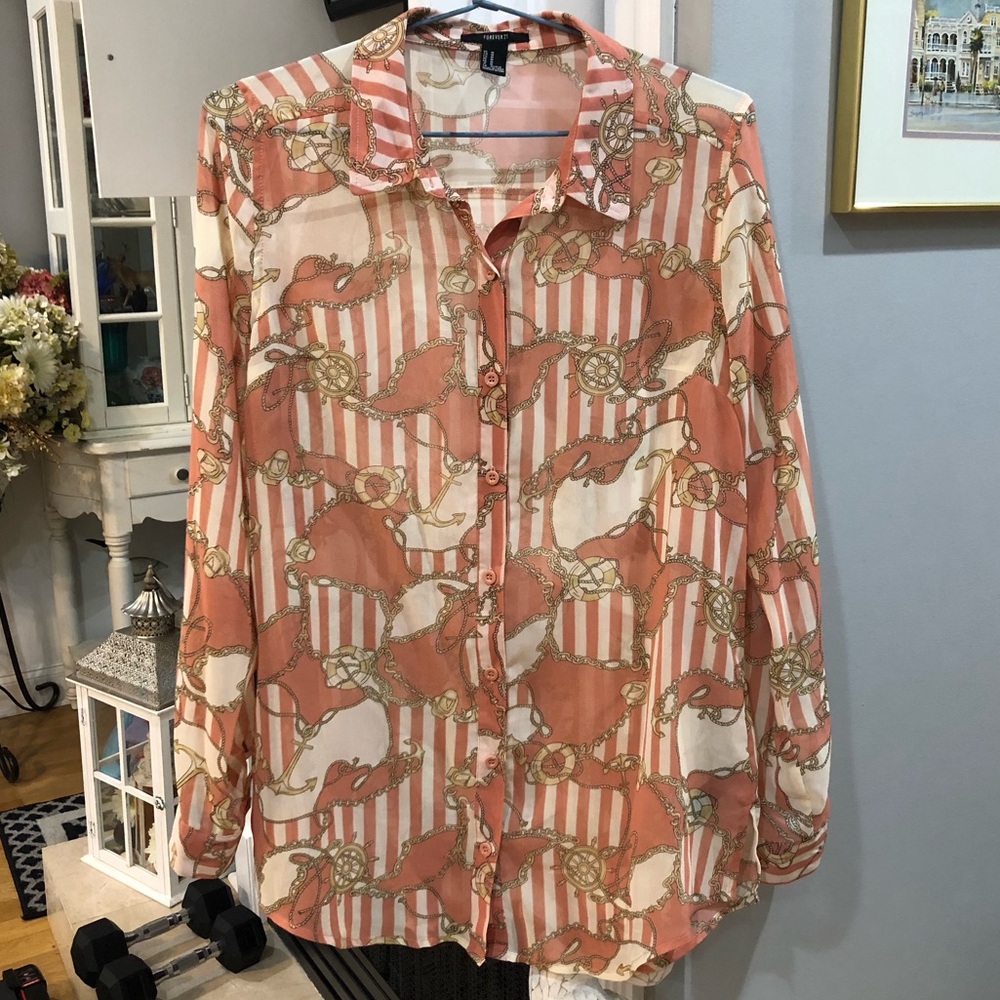 Forever 21 Striped Nautical Long Sleeve Collared Blouse Shirt Apricot Coral Top - Picture 1 of 4